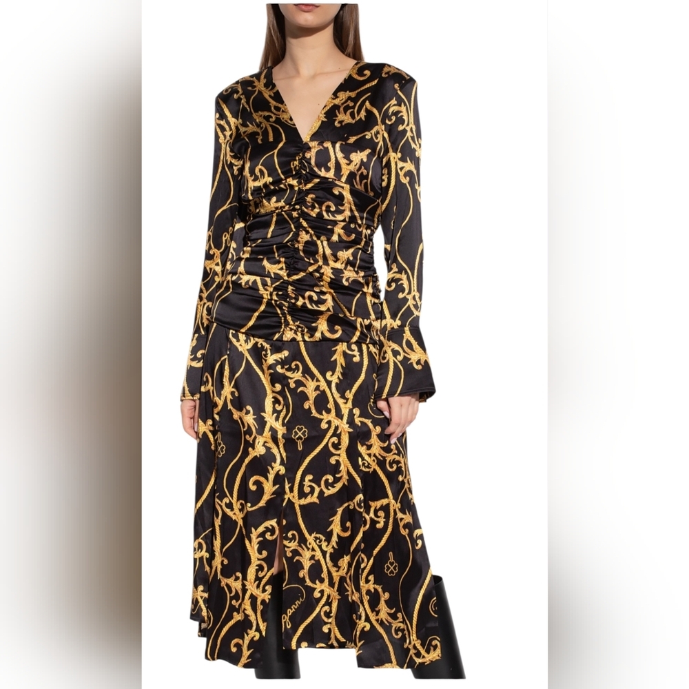 GANNI Baroque Print Silk Blend Ruched Midi Dress Black Gold EU 36 US 4